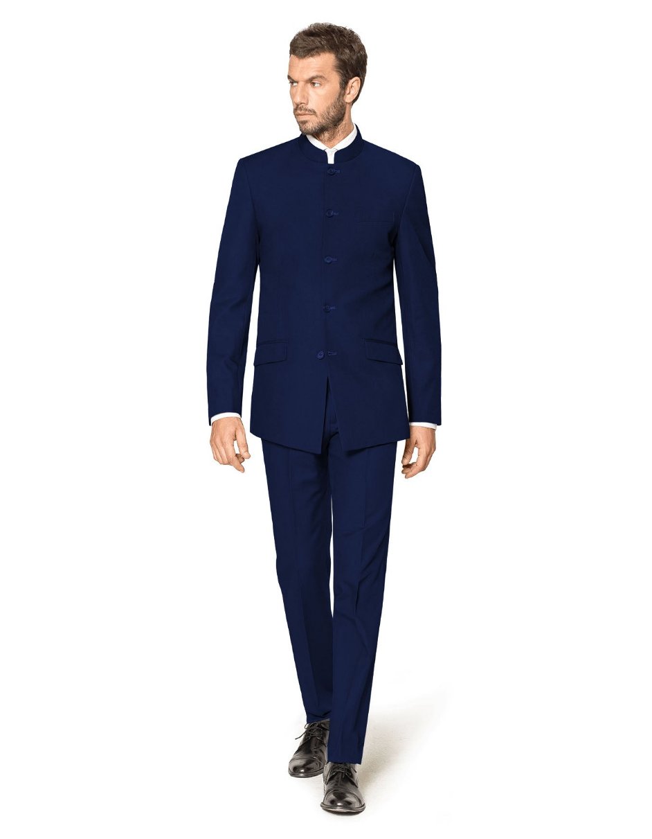 Navy Blue Wedding Tuxedo Suit Color - Groom Suit Banded Collar 4 Button Mandarin Suit