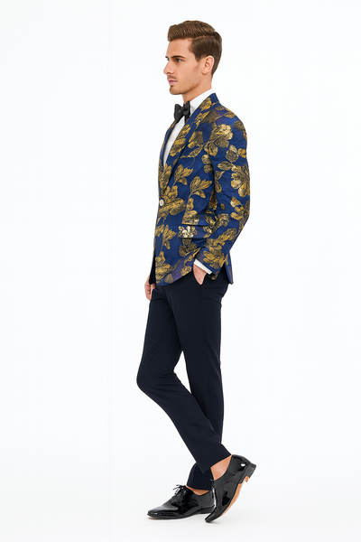Mens Navy Blue and Gold Floral Tuxedo Jacket – Luxury Slim Fit Blazer with Gold Pattern Paisley Pattern Matching Bowtie 2   - from alligatorwarehouse.com