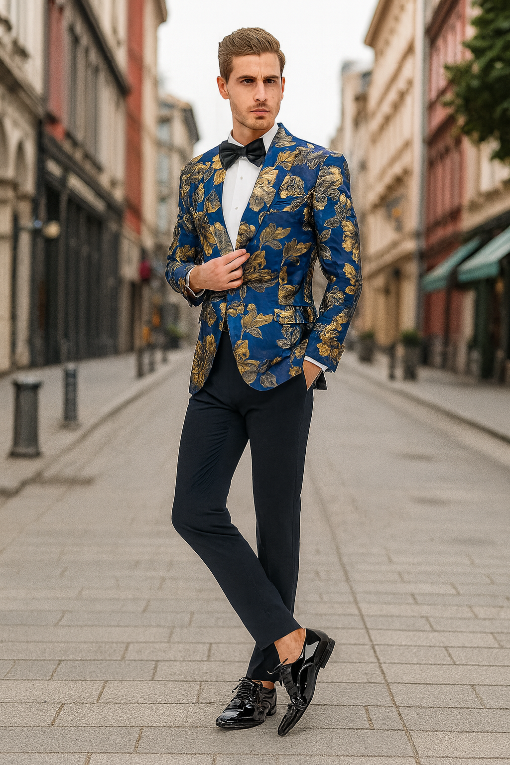 Mens Navy Blue and Gold Floral Tuxedo Jacket – Luxury Slim Fit Blazer with Gold Pattern Paisley Pattern Matching Bowtie