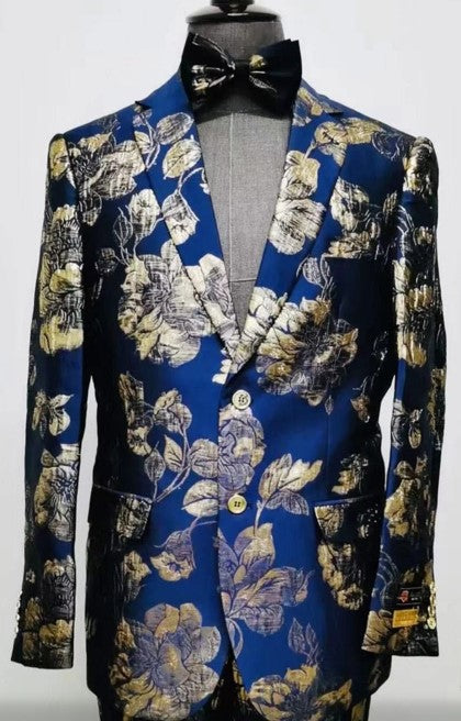 Mens Navy Blue and Gold Floral Tuxedo Jacket – Luxury Slim Fit Blazer with Gold Pattern Paisley Pattern Matching Bowtie 5   - from alligatorwarehouse.com
