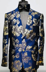Mens Navy Blue and Gold Floral Tuxedo Jacket – Luxury Slim Fit Blazer with Gold Pattern Paisley Pattern Matching Bowtie
