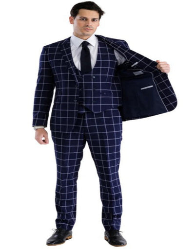 Mens Plaid Suit - Windowpane Pattern With Vest - Business Suit Navy 2   - from alligatorwarehouse.com