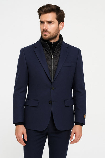 Mens Navy Cashmere and Wool Blazer with Quilted Zip-Up Inner Layer - Two Button Style Notch Lapel 1   - from alligatorwarehouse.com