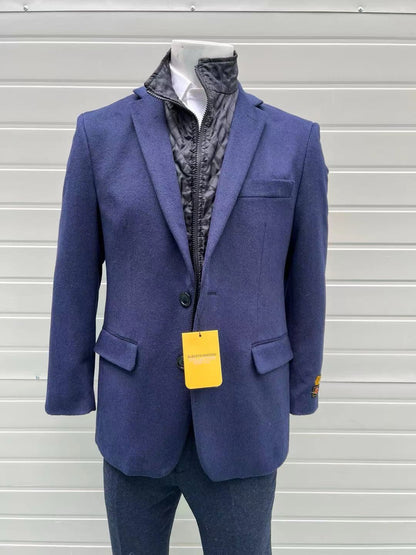 Mens Navy Cashmere and Wool Blazer with Quilted Zip-Up Inner Layer - Two Button Style Notch Lapel