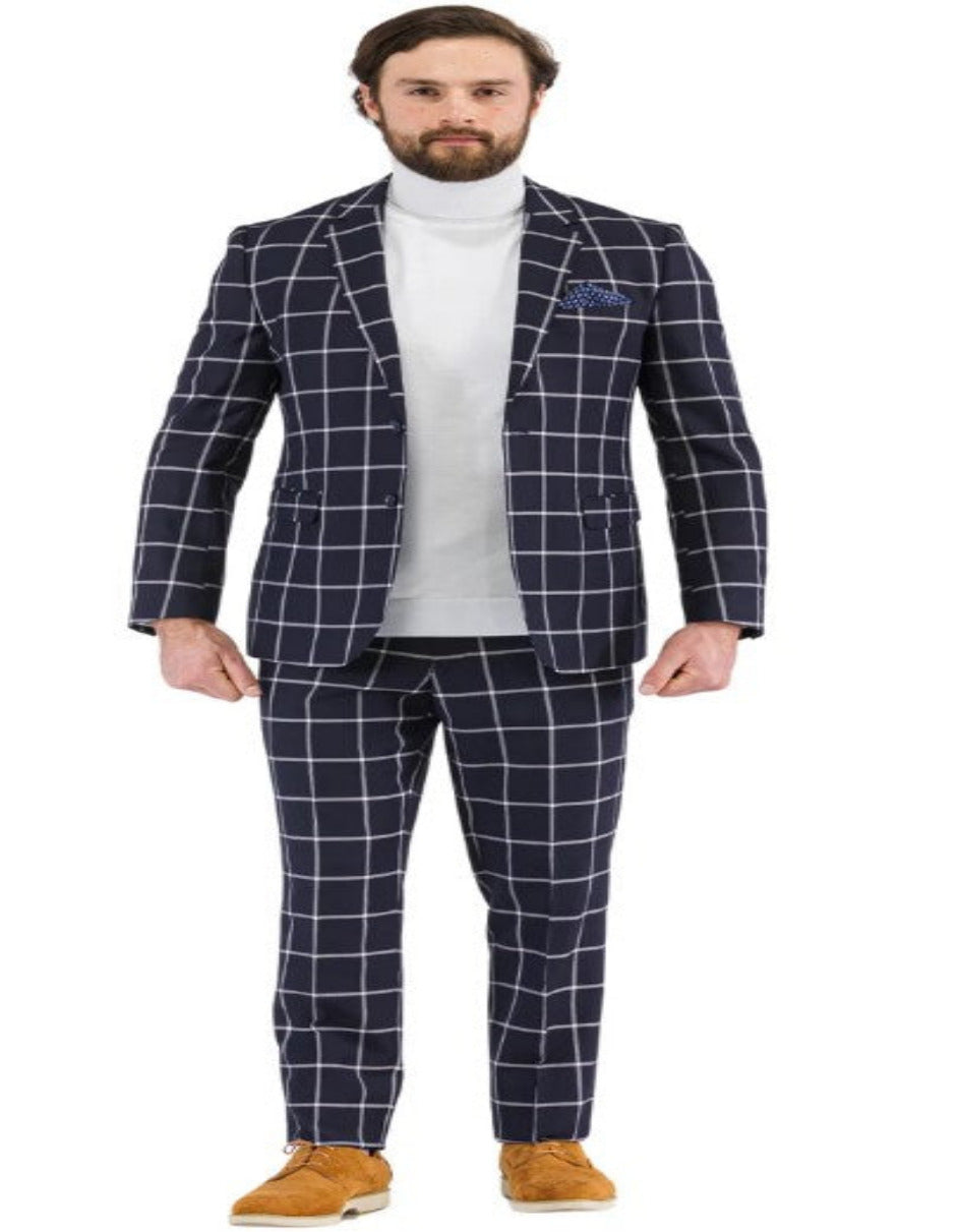 Mens Plaid Suits - Windowpane Pattern With Vest -Business Suit Navy