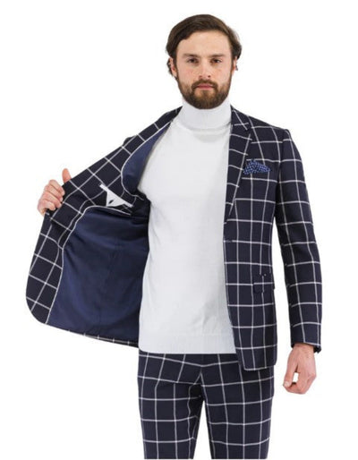 Mens Plaid Suits - Windowpane Pattern With Vest -Business Suit Navy 2   - from alligatorwarehouse.com