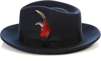 Gangster 100% Austrailian Wool Crushable Mens Fedora Hat - Removable Feather Gangster Navy Blue Mens Fedora Hat 1   - from alligatorwarehouse.com