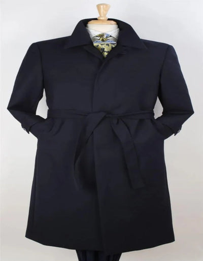 Mens Black Diamond Solid Navy Blue 100% Wool Gabardine Belted Duster Overcoat 1   - from alligatorwarehouse.com