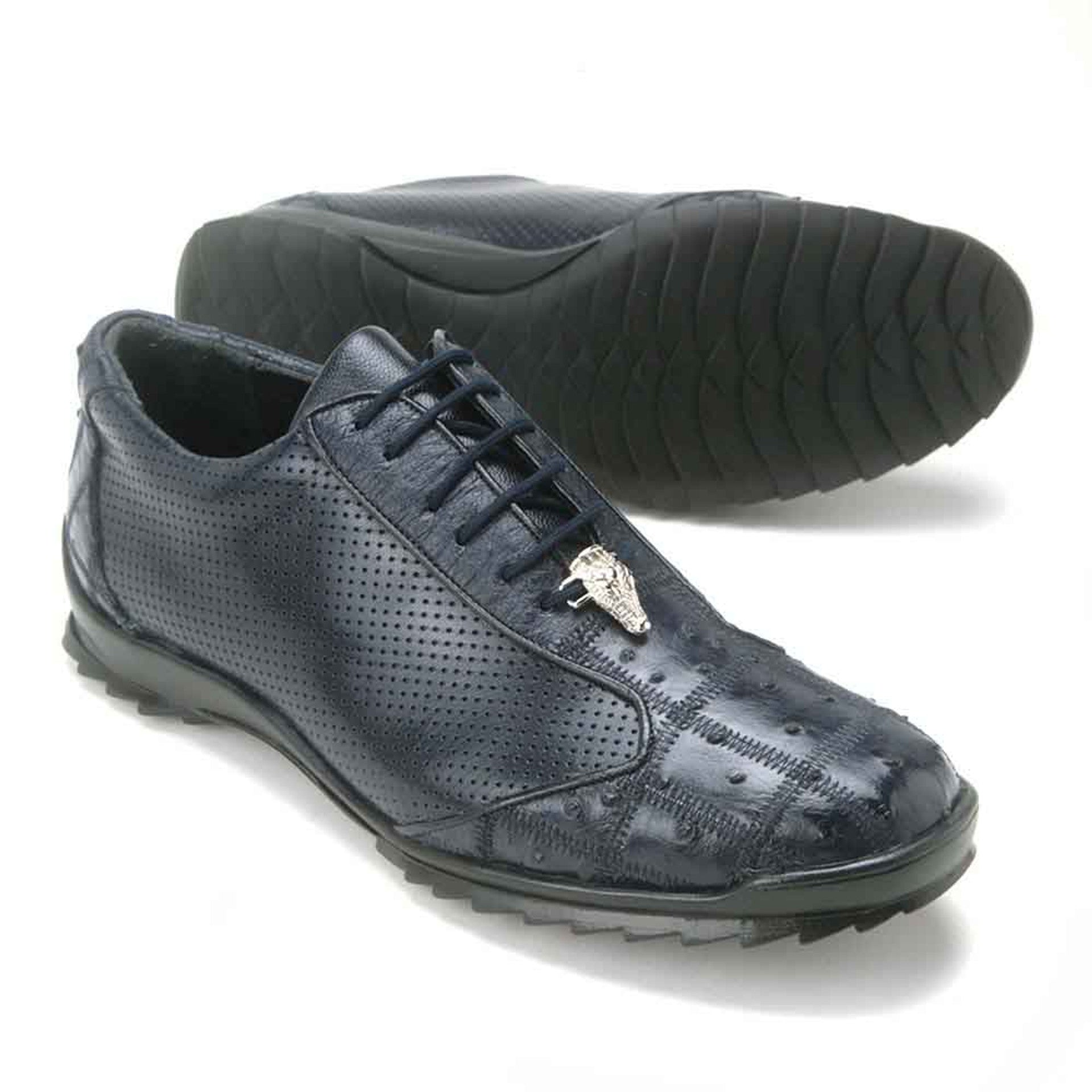 Los Altos Navy Blue Ostrich Patch Work Men's Casual Sneaker 3   - from alligatorwarehouse.com