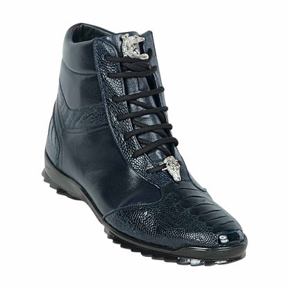 Los Altos Men’s Navy Genuine Ostrich Leg Casual Ankle Boots, Exotic Lace-Up Dress Boots