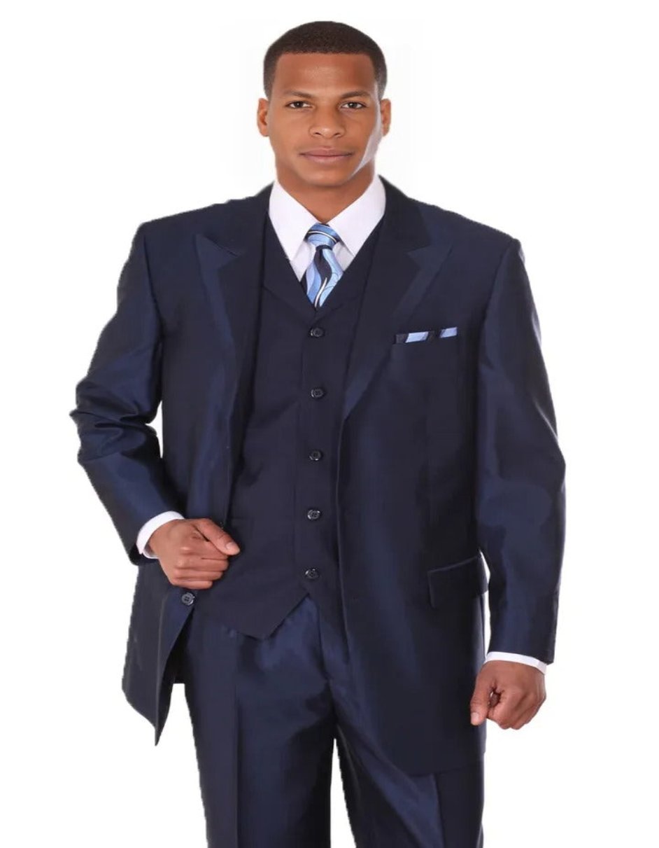 Pleated?ÿDress?ÿMen?ÿSuits - Mens 3 Button Vested Wide Peak Lapel Two Tone Navy Blue Sharkskin Suit