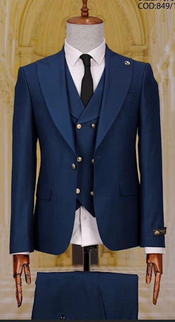Ivory and Gold Button Wedding Suit - Off White Cream Peak Lapel with Double breasted Vest
