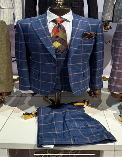 Rossiman Men’s Navy & Gray Plaid Suit – Classic Windowpane Double-Breasted Design