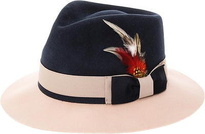 Gangster 100% Austrailian Wool Crushable Mens Fedora Hat - Removable Feather Gangster Navy and White Mens Fedora Hat 1   - from alligatorwarehouse.com