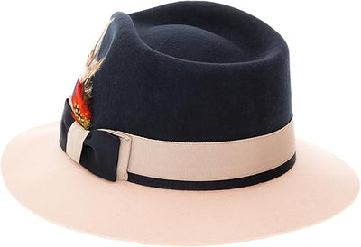 Gangster 100% Austrailian Wool Crushable Mens Fedora Hat - Removable Feather Gangster Navy and White Mens Fedora Hat 2   - from alligatorwarehouse.com