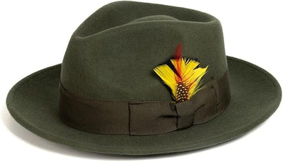 Gangster 100% Austrailian Wool Crushable Mens Fedora Hat - Removable Feather Gangster Olive Green Mens Fedora Hat 2   - from alligatorwarehouse.com