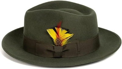 Gangster 100% Austrailian Wool Crushable Mens Fedora Hat - Removable Feather Gangster Olive Green Mens Fedora Hat 1   - from alligatorwarehouse.com