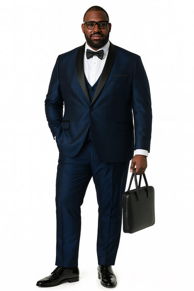 Men’s Light Navy Blue Satin Tuxedo with Black Shawl Lapel and Three-Piece Design  in Spahire Blue Color 4   - from alligatorwarehouse.com