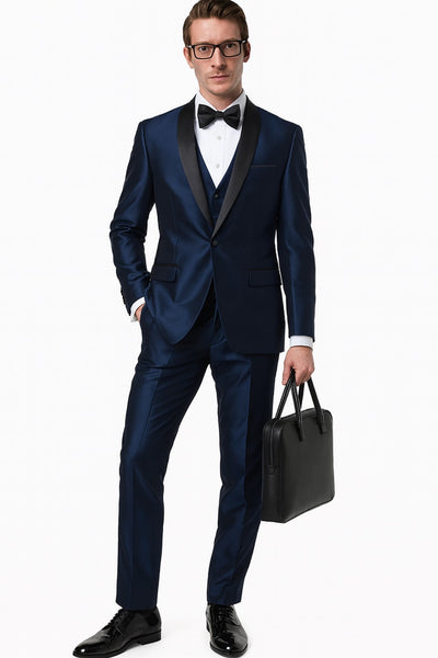 Men’s Light Navy Blue Satin Tuxedo with Black Shawl Lapel and Three-Piece Design  in Spahire Blue Color 5   - from alligatorwarehouse.com