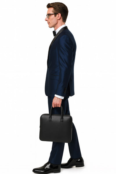 Men’s Light Navy Blue Satin Tuxedo with Black Shawl Lapel and Three-Piece Design  in Spahire Blue Color 6   - from alligatorwarehouse.com