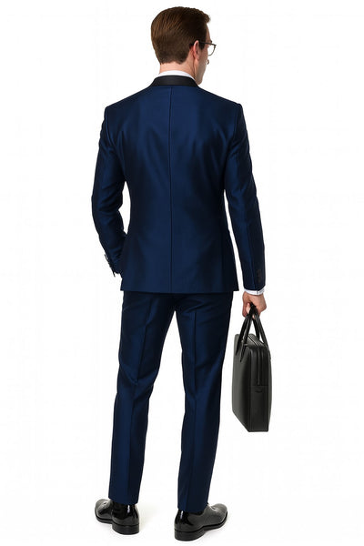 Men’s Light Navy Blue Satin Tuxedo with Black Shawl Lapel and Three-Piece Design  in Spahire Blue Color 7   - from alligatorwarehouse.com