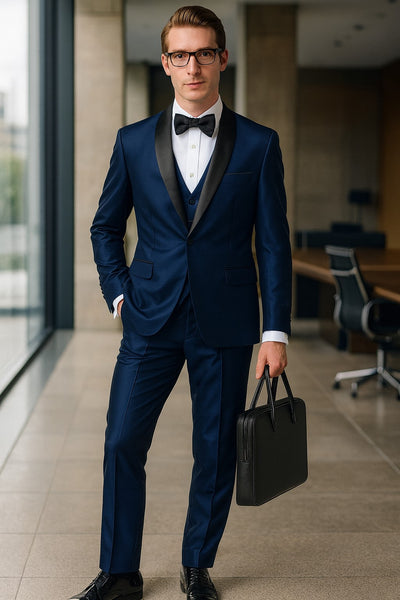 Men’s Light Navy Blue Satin Tuxedo with Black Shawl Lapel and Three-Piece Design  in Spahire Blue Color 1   - from alligatorwarehouse.com