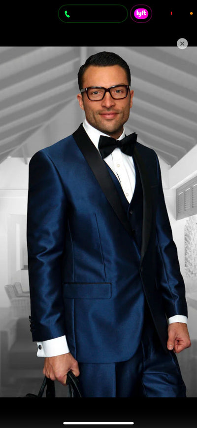 Men’s Light Navy Blue Satin Tuxedo with Black Shawl Lapel and Three-Piece Design  in Spahire Blue Color 8   - from alligatorwarehouse.com