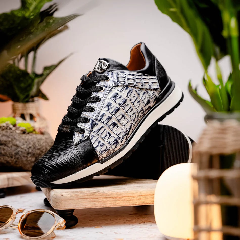 Marco Di Milano Portici Men's Shoes Newspaper & Black Exotic Lizard / Crocodile Casual Sneakers