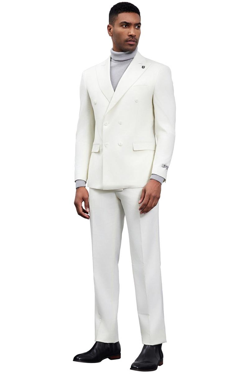 Men's Designer Stacy Adams Classic Double Breasted Suit in Ivory