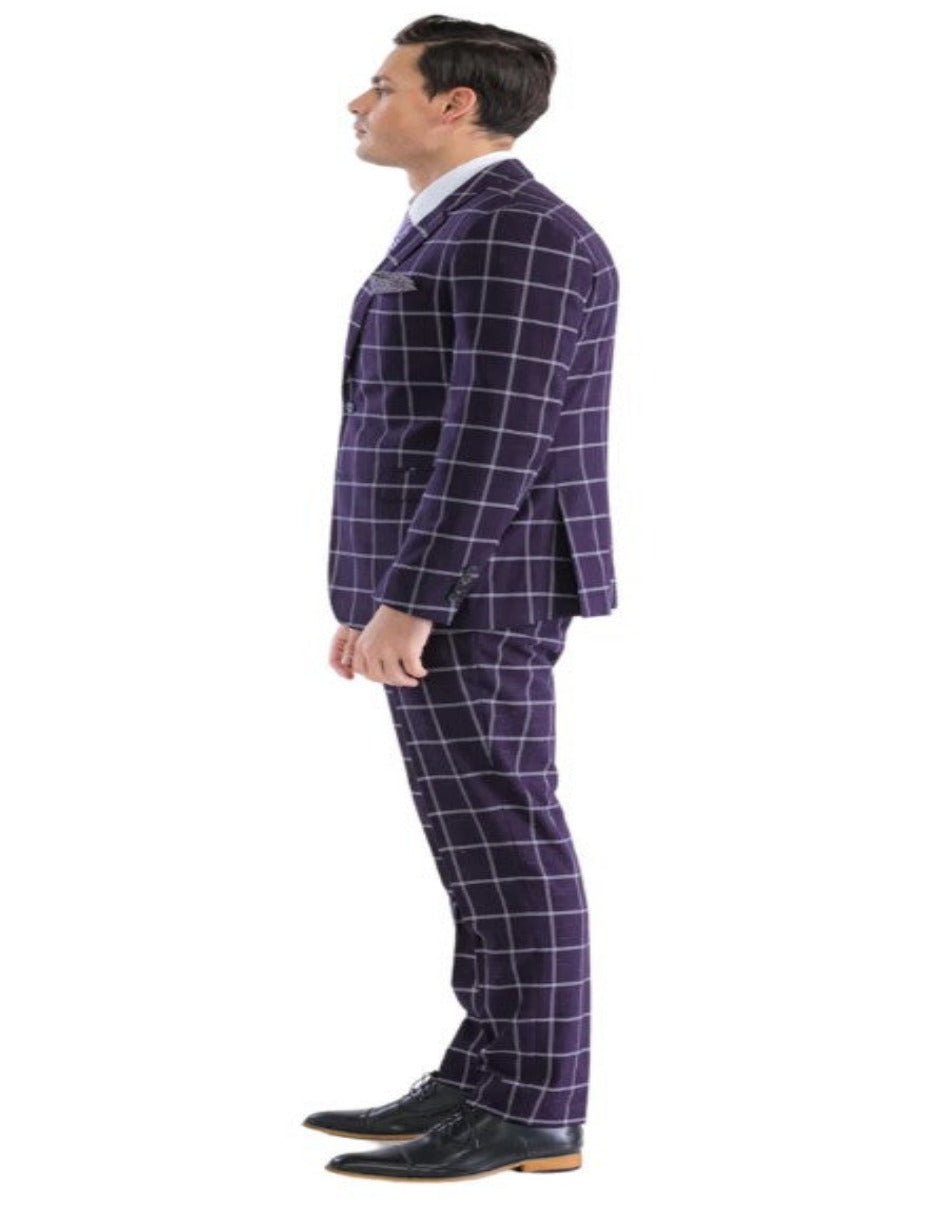 Mens Plaid Suit - Windowpane Pattern With Vest - Business Suit Burgundy