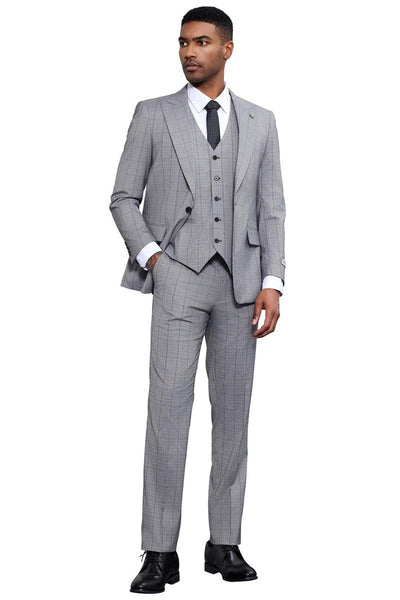 Men's Stacy Adams Modern Fit Vested Tonal Windowpane Plaid Suit in Light Grey 3 SM186H1-02-38R  - from alligatorwarehouse.com