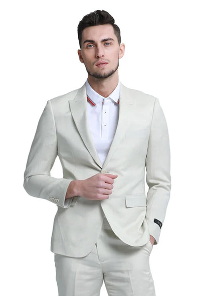Men's Two Button Peak Lapel Summer Linen Style Beach Wedding Suit in Ivory Off White 1   - from alligatorwarehouse.com
