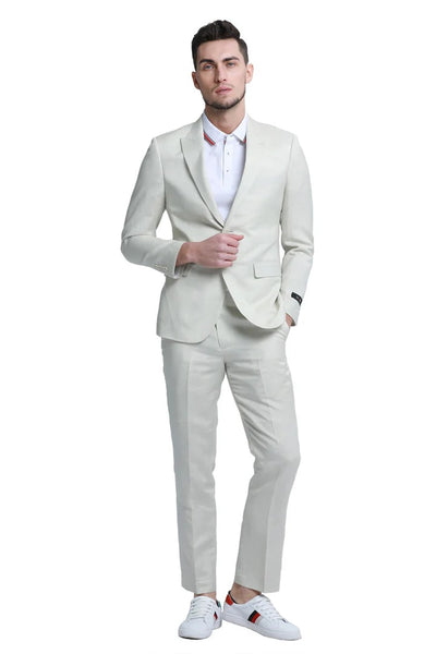 Men's Two Button Peak Lapel Summer Linen Style Beach Wedding Suit in Ivory Off White 2   - from alligatorwarehouse.com