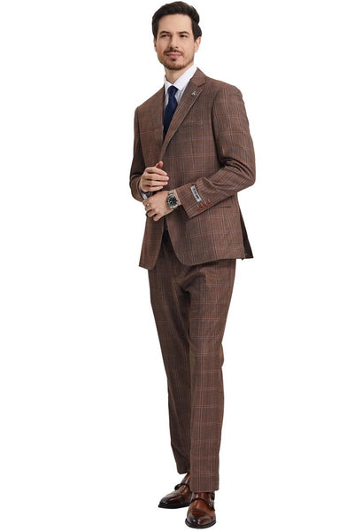 Men's Stacy Adams Vested Modern Fit Windowpane Plaid Suit in Light Brown 2 SM159H1-153-38R  - from alligatorwarehouse.com