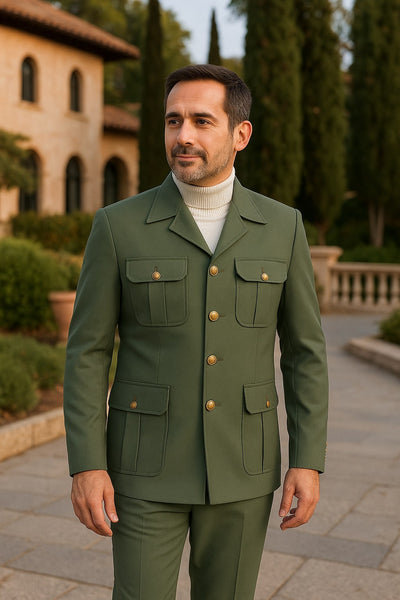 Mens Olive Green Safari Suit Set with Utility Jacket and Adjustable Waist Pants 3   - from alligatorwarehouse.com