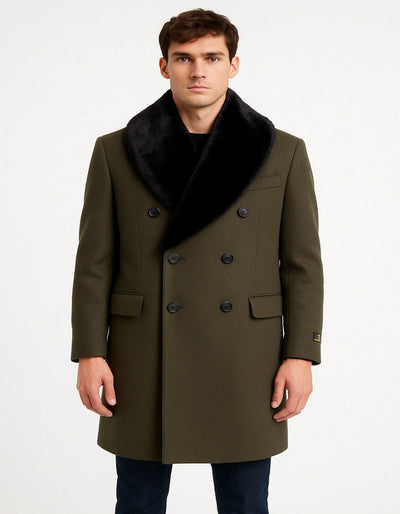 Mens Olive Green Wool Overcoat with Black Faux Fur Shawl Collar – Double Breasted Winter Coat 1   - from alligatorwarehouse.com