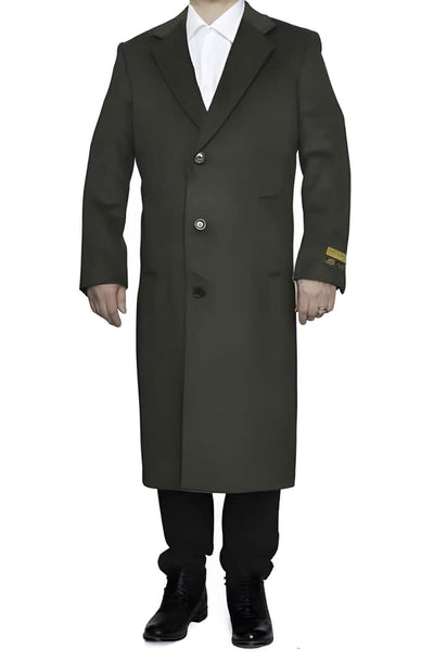 3 Button Full Length Wool Dress Ankle length Top Coat/Overcoat In Dark Olive Green - Mens Topcoat 1   - from alligatorwarehouse.com