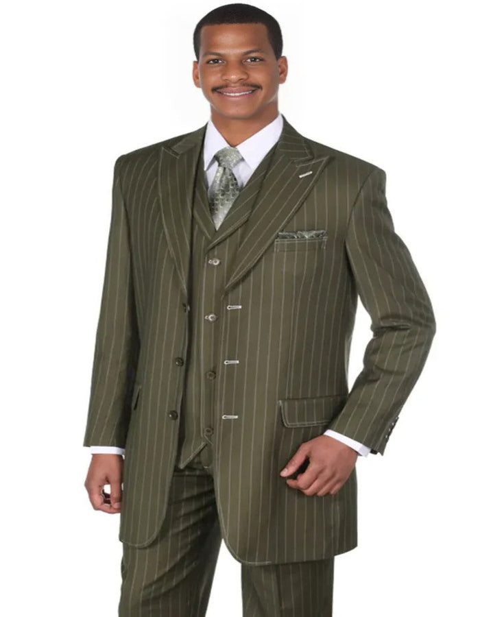 Pleated?ÿDress?ÿMen?ÿSuits - Mens Vintage Vested Gangster Bold Pinstripe Fashion Olive Green Suit