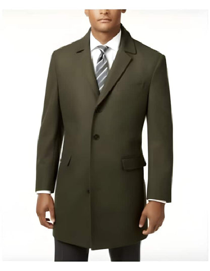 Men's Olive Green Wool Car Coat – Classic Mid-Length Three-Quarter Dress Overcoat for Men