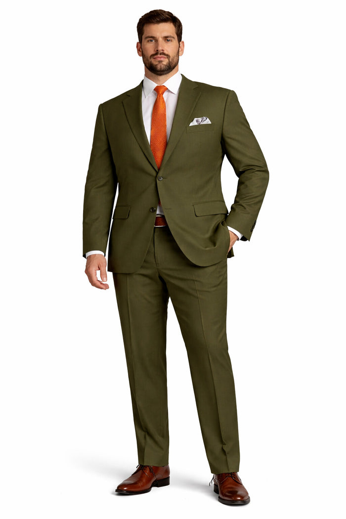 Mens Olive Regular Fit Single Breasted Two-Button Two-Piece Suit