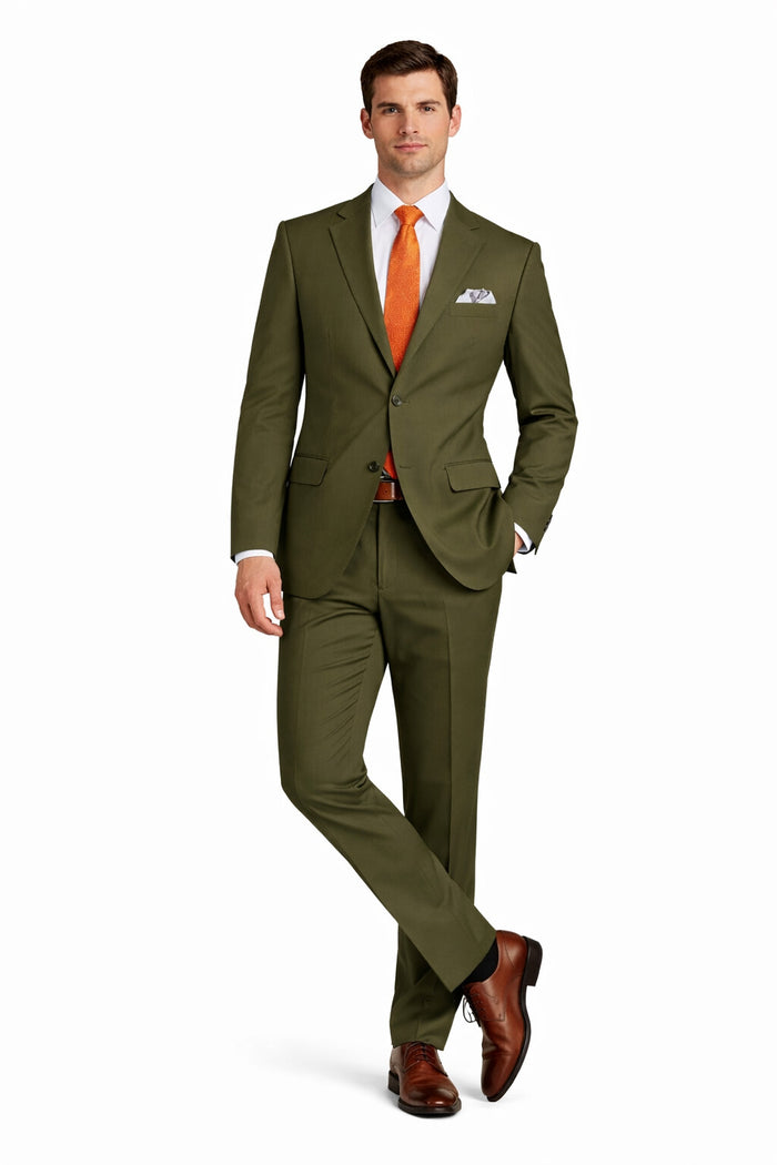 Mens Olive Regular Fit Single Breasted Two-Button Two-Piece Suit