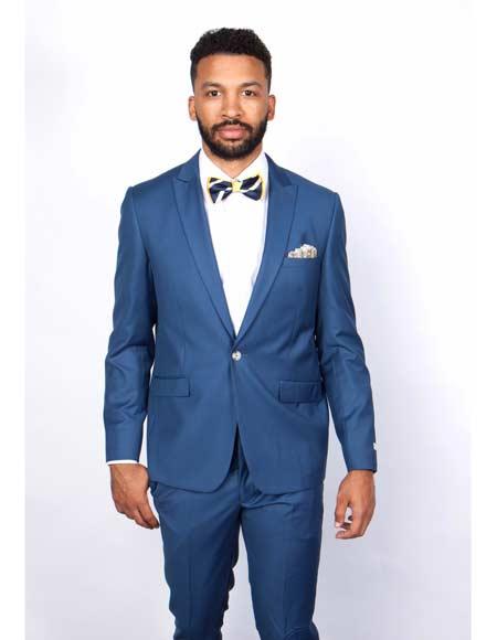 Men Slim Fit Suits - Fitted Suits - Skinny Suit Men's Blue 1 Button Closure Rossiman Rossi Skinny Suit