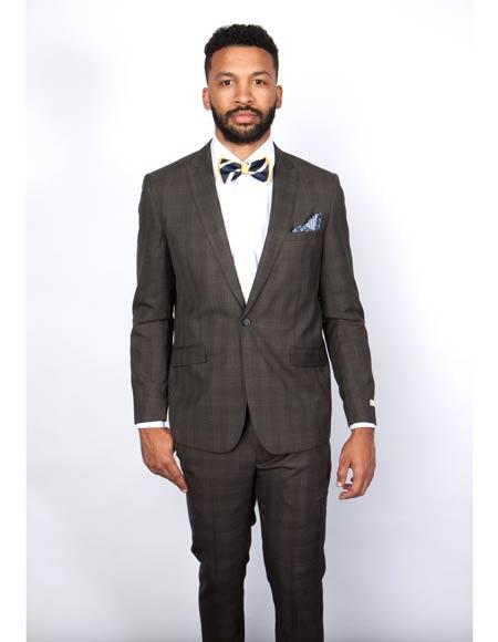 Men's Rossiman Rossi Man Brand Plaid Tapered Leg Lower Rise Pants & Get Skinny Brown 1 Button Slim Fit Peak Lapel Suit 1 34-Shrt-ExSml-SM3347  - from alligatorwarehouse.com