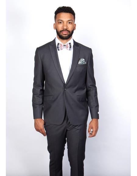 Rossiman Men's Slim Fit Gray Wool Suit – 1-Button Peak Lapel Jacket & Tapered Low-Rise Pants