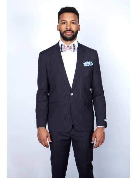 Men's Navy Blue Pinstripe Pattern 1 Button Suit 1 34-Shrt-ExSml-SM3354  - from alligatorwarehouse.com