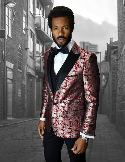 Mens Vested One Button Peak Lapel Shiny Floral Tuxedo in Red 1 BELLAGIO-4_RED_38S  - from alligatorwarehouse.com