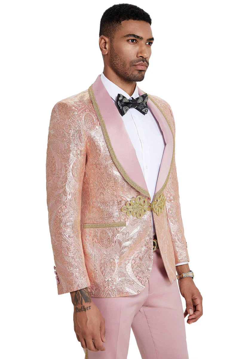 Mens One Button Shawl Lapel Wedding Prom Tuxedo in Shiny Pink Paisley