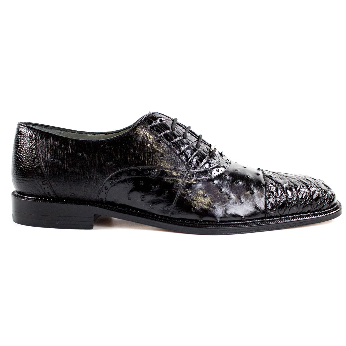 Men's Belvedere Onesto Ostrich Quill & Crocodile Cap Toe Dress Shoe in Black