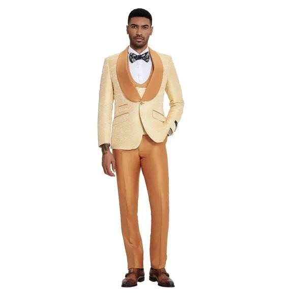 2024 Prom Special Orange Tuxedo Suit w/ Double-Breasted Vest by Tazzio