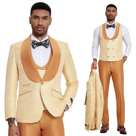 2026 Prom Special Orange Tuxedo Suit w/ Double-Breasted Vest by Tazzio